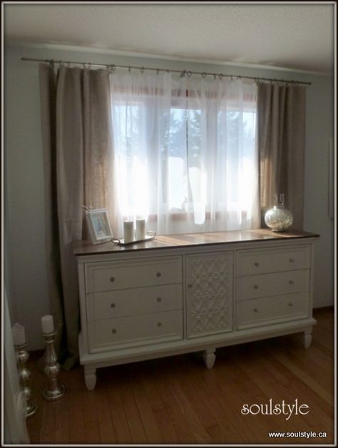 Dresser Decor In Front Of Window, Dresser In From Of Window, Furniture In Front Of Window Bedroom, Dresser In Front Of Window With Curtains, Dressers In Front Of Windows, Dresser By Window, Furniture Placement In Front Of Windows, Dresser Against Window, Curtains Behind Furniture