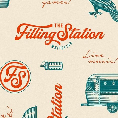 YOKAONA design studio on Instagram: "Introducing The Whitefish Filling Station! 🚗🍺🍷🧋🥩🍔🍟🦅🦉🌲🌳⛰️ I’m thrilled to share the creative journey that brought this brand to life!  Drawing inspiration from the golden era of filling stations and diners, we delved deep into the nostalgic charm of the 40s, 50s, and 60s to capture the essence of Americana spirit. Each element of the brand—from the vintage typography to the playful color palette—was meticulously chosen to evoke feelings of warmth, familiarity, and community.  The goal was to transport you back to a time when filling stations were more than just places to refuel—they were bustling hubs where families gathered, laughter filled the air, and memories were made. Through thoughtful design, we aimed to encapsulate that same sense of Family Typography Design, Brewery Graphic Design, 50s Branding, 1950s Graphic Design, Diner Graphic Design, Jimny Aesthetic, Vintage Brand Design, 50s Typography, Vintage Logo Ideas