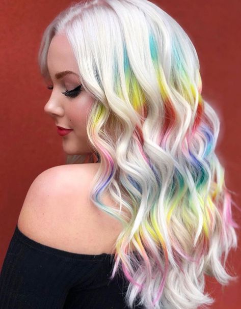 Rainbow hair Blonde Rainbow Hair, Peekaboo Rainbow Hair, Peekaboo Color, Platinum Blonde Hair Color, Blonde Hairstyle, Cute Hair Colors, Rainbow Hair Color, Platinum Blonde Hair, Halloween Hair