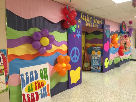 Book fair decorations 70s School Decorations, Disco Theme Door Decoration, 70s Theme Homecoming, Groovy Hallway Decor, Retro Classroom Door Decorations, Groovy Book Fair, Book Fair Decoration Ideas, Groovy Decorations Ideas, Groovy School Theme