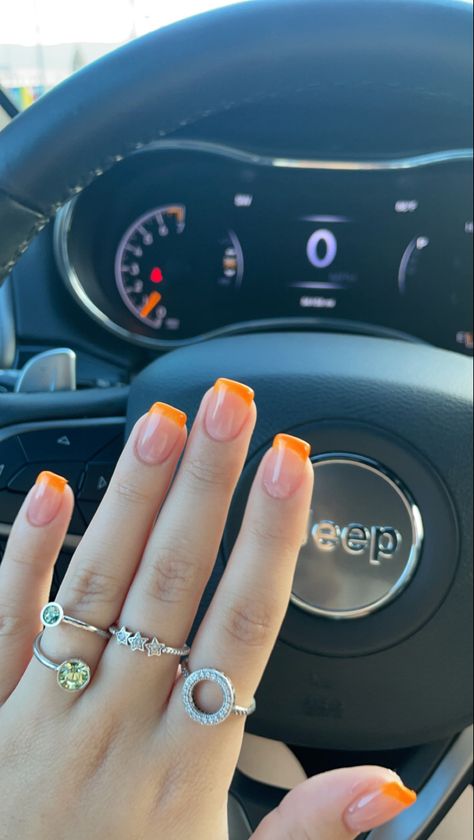 Orange Nails Homecoming, Summer Nails Short Orange, Nails For Orange Prom Dress, Nails With Orange Dress, Orange Square French Tip Nails, Orange French Tip Square, Prom Nails For Orange Dress, Short Orange French Tip Nails, Orange French Tip Nails Short