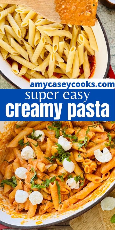 Mixing pasta in sauce and a bowl of creamy tomato pasta with fresh mozzarella and basil Pasta With Tomato Paste, Fresh Mozzarella Recipe, Basil Pasta Recipes, Tomato Paste Recipe, Butter Sauce For Pasta, Fresh Basil Recipes, Creamy Tomato Pasta, Fresh Tomato Recipes, Cream Pasta