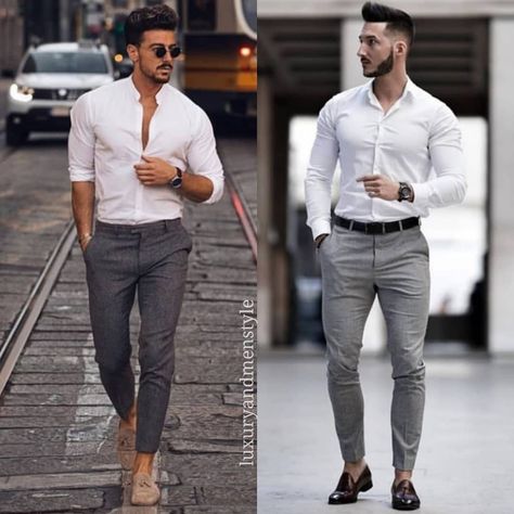 follow @luxuryandmenstyle if you like casual style  Which one???? 1⃣ or 2⃣ . . Style by  @rowanrow and @youclement . . #menwithclass… Grey Trousers Outfit Men, Grey Dress Pants Outfit, Grey Trousers Outfit, Dress Pants Outfit, Trousers Outfit Men, Chinos Men, Grey Dress Pants Men, Grey Pants Outfit, Slacks Outfit