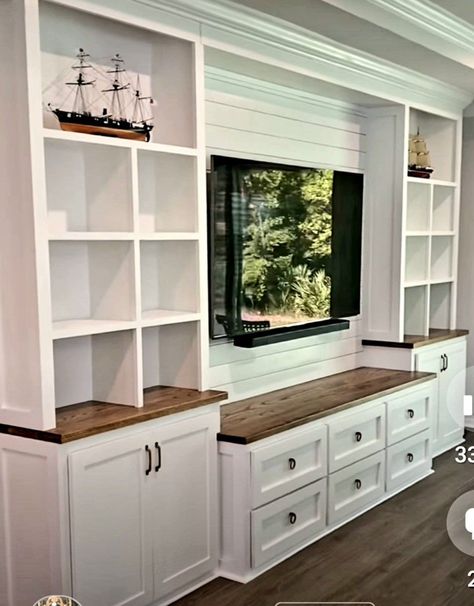 Built In Shelves Living Room Vaulted Ceiling, Entryway Cabinetry, Wall Hutch, Wall Unit Ideas, Diy Wall Unit, Family Room Cabinet, Tv Bookcase, Family Room Storage, Built In Wall Units