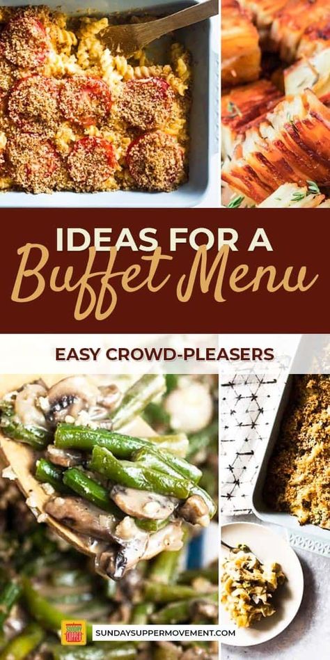 Plan the perfect holiday party with these easy Buffet Menu Ideas! Spend less time in the kitchen and more time with family and friends by cooking up favorites on this buffet foods list. Simple buffet ideas make menu planning for crowd feeding recipes easy! #SundaySupper #buffetideas #buffet #holidaymenu #holidayfood #easyrecipes #recipecollection #holidays #thanksgiving #christmas #easter #dinners Christmas Dinner For A Crowd, Food Buffet Ideas, Dinner Buffet Ideas, Christmas Dinner Buffet, Simple Party Food, Christmas Party Buffet, Easy Thanksgiving Menu, Holiday Party Menu, Luncheon Menu