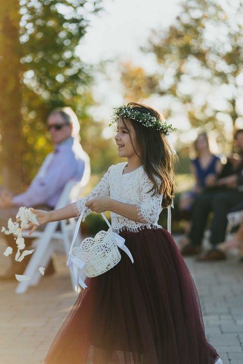 Flower Girl Fall Wedding, Maroon Flower Girl Dress, Flower Girl Dresses Burgundy, Outdoor Venue Wedding, Winter Flower Girl Dresses, Fall Wedding Flower Girl, Maroon Theme, Wine Wedding Flowers, Fall Flower Girl