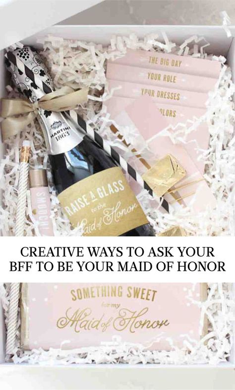 9 Fun Ways to Ask Your BFF to Be Your Maid of Honor | Martha Stewart Weddings - Remember that your wedding day is cause for celebration! Pop open a bottle of bubbly when you ask your MOH to be your wingwoman. HINT: Chocolate sweetens the deal, too! How To Ask Your Maid Of Honor, Asking Maid Of Honor To Be In Wedding, Flower Arranging Class, Wedding Titles, Made Of Honor, Ways To Propose, Matron Of Honour, Wedding Inspiration Board, Maid Of Honour Gifts