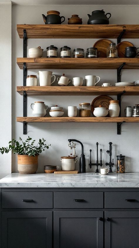 Discover sleek industrial shelving to organize your kitchen 🌟 Ideal for open storage with a modern vibe. Industrial Modern Kitchen Ideas, Kitchen Shelving Ideas Above Sink, Kitchen Bar Shelves, Long Kitchen Shelves, Industrial Cabinet Design, Exposed Shelves Kitchen, Shelving Ideas Kitchen, Open Cabinet Kitchen, Kitchen Wall Storage Ideas