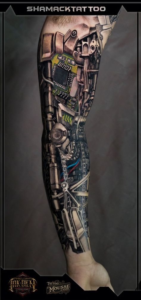 SLEEVE BIOMECHANICAL full sleeve black and grey with colour cables tattoo Done at Inkden Tattoo Studio by Shamack Malachowski Blackpool Biomechanical Tattoo Sleeve, Mechanical Sleeve Tattoo, Biomech Tattoo, Robot Tattoo, Biomechanical Tattoo Design, Gear Tattoo, Grayscale Art, Mechanic Tattoo, Optical Illusion Tattoo