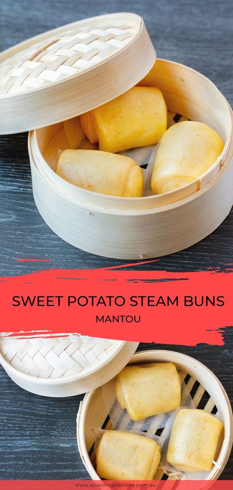 Mantou Buns, Hot Thai Kitchen, Chinese Steamed Buns, Steam Buns, Chinese Desserts, Sweet Potato Buns, Steamed Potatoes, Asian Dessert, Japanese Sweet Potato