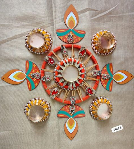 Mdf Rangoli Cutout, Mirror Rangoli, Diy Rangoli, Decorative Diya, Simple Flower Rangoli, Handmade Decorative Items, Diwali Candles, Diya Rangoli, Candy Themed Party