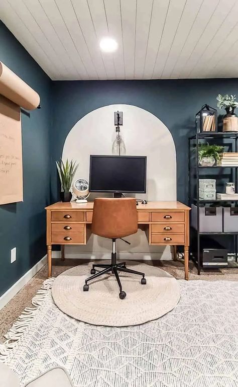 Fall in love with this fun modern boho dark teal office space! Watch this space go from a dark cluttered dungeon to this modern and chic looking office space! #bohooffice #transformation #office Modern Boho Office, His And Hers Office, Teal Office, Shared Home Office, Basement Home Office, Fun Interior Design, Office For Two, Basement Office, Boho Office