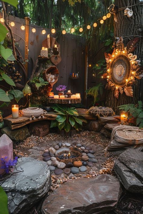 Sanctuary Garden Design, Hedge Witch Home Decor, Fairy Garden Backdrop Ideas, Backyard Small Garden Ideas, Garden Inspo Small, Garden Witch Decor, Nature Furniture Design Inspiration, Witchy Front Porch Ideas, Witchy Cottage Core Aesthetic