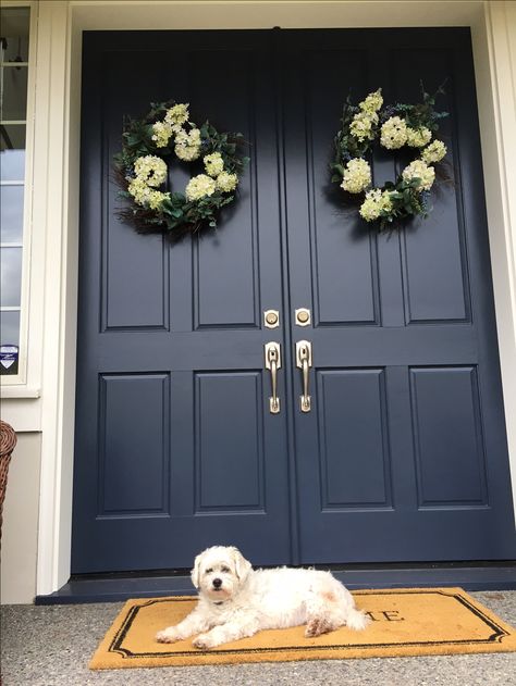 Loving my Hale Navy front door!! Hale Navy Front Door, Navy Front Door, Blue Front Door, House Addition, House Redo, Hale Navy, Apartment Door, Home Additions, Double Doors