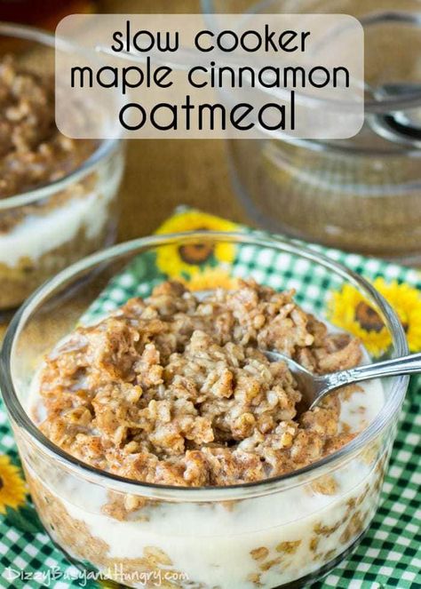 Slow Cooker Cinnamon Maple Oatmeal | DizzyBusyandHungry.com - Make this oatmeal ahead of time and store in single-serve containers for a quick, hearty breakfast! Crockpot Oatmeal, Slow Cooker Oatmeal, Maple Oatmeal, Breakfast Protein, Old Fashioned Oats, Cinnamon Oatmeal, Overnight Oatmeal, Cinnamon Recipes, Healthy Meals For Two