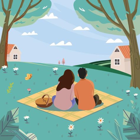 Couple Picnic On A Green Grass Looking To The Sky Concept Looking To The Sky, Couple Picnic, Grass Drawing, Spring Illustration, Illustration Story, Garden Illustration, Garden Drawing, Family Painting, Couple Illustration