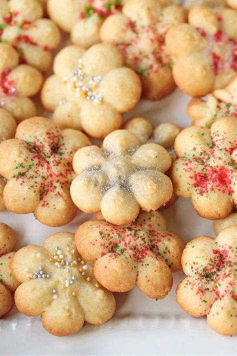 Grandma's Spritz Cookies are a family favorite! Buttery, pressed cookies with just a hint of sweetness and covered in sprinkles. Pressed Cookies, Spritz Cookie Recipe, Festive Cookies, Spritz Cookies, Cookbook Recipes, Family Favorites, Food Preparation, Food Blogger, A Family