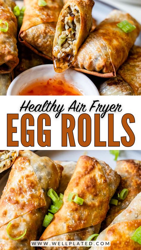 Homemade air fryer egg rolls are crispy on the outside, with a meaty, veggie-packed filling on the inside. A lighter way to enjoy egg rolls! Air Fryer Recipes Egg Rolls, Air Fryer Egg Rolls, Veggie Egg Rolls, Vegetarian Egg Rolls, Healthy Egg Rolls, Vegetable Egg Rolls, Homemade Egg Rolls, Pork Egg Rolls, Healthy Air Fryer