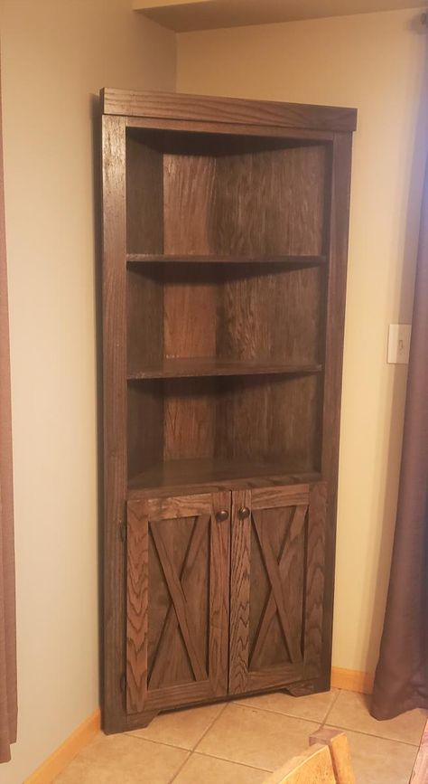 Diy Corner Cupboard, Corner Hutch Makeover, Diy Corner Cabinet, Corner Home Bar, Built In Corner Cabinet, Farmhouse Corner Cabinet, Tavern Room, Corner Cupboards, Potting Bench Plans