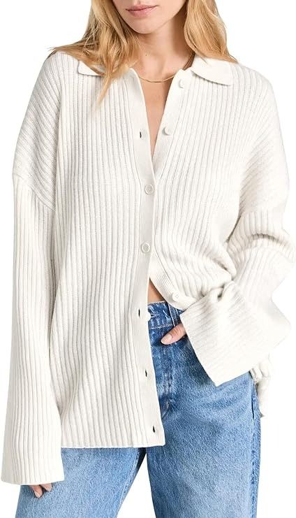 Danedvi Womens Collared Cardigan Sweaters Oversized Ribbed Knit Open Front Button Up Bell Sleeve Outwear at Amazon Women’s Clothing store Collared Cardigan, Hooded Cardigan Sweater, Slouchy Style, High Rise Wide Leg Jeans, Cardigan Sweaters, Fitted Cardigan, Collar Cardigan, Bell Sleeve Sweater, Drop Shoulder Sweaters