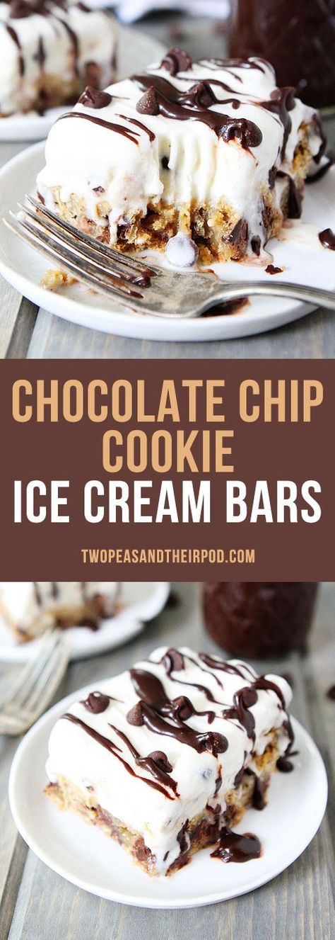 Chocolate Chip Cookie  Ice Cream Bars have a chocolate chip cookie bar crust, cookie dough ice cream, and a drizzle of hot fudge sauce. These bars make the BEST summer dessert. Chocolate chip cookie lovers will go crazy for this easy dessert. Chocolate Chip Cookie Bar, Ice Cream Bar Recipe, Chocolate Chip Cookie Dough Ice Cream, Fudge Chocolate, Cookie Ice Cream, Ice Cream Bars, Cookie Dough Ice Cream, Ice Cream Dessert, Cookie Bar