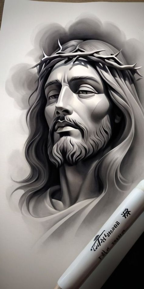 Religious Tattoo Design, Jesus On Cross Tattoo, Jesus Sketch, Jesus Christ Tattoo, Jesus Tattoo Design, Jesus Art Drawing, Tattoo Style Art, Christ Tattoo, Tattoo Lettering Styles