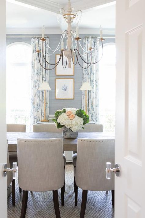 Blue Grasscloth Wallpaper with White and Blue Curtains - Transitional - Dining Room White And Blue Curtains, Grasscloth Wallpaper Dining Room, Grasscloth Dining Room, Blue Grasscloth Wallpaper, Room With Curtains, Blue Grasscloth, Transitional Dining Room, Transitional Dining, Dining Room Curtains