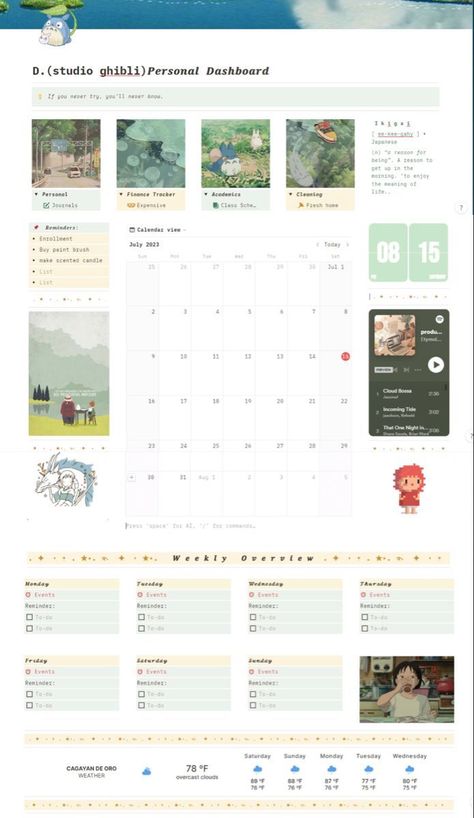 notion templates for students Ghibli Template, Ghibli Notion Template, Studio Ghibli Notion, Ghibli Notion, 2023 Notion, Student Planner Organization, Vision Planner, Notion Ideas, Notion Inspo