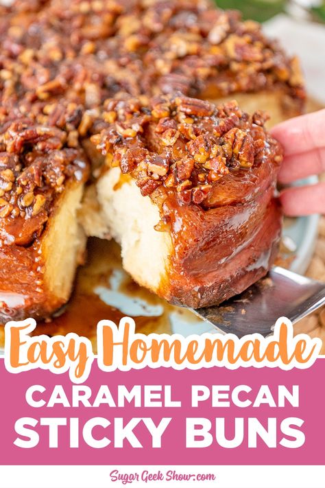 The best homemade sticky buns with caramel glaze and toasted pecans made from scratch. Soft, sticky and oh-so-addictive! These buns are easy to make overnight and bake fresh the next day. If you want sticky buns with no nuts, just leave off the pecans and they are still amazing! These sticky buns are so addictive, you might need to make a double batch just in case. #brunch #desserts #stickybuns # Homemade Sticky Buns, Pecan Glaze, Caramel Pecan Sticky Buns, Sticky Buns Recipe, Sticky Rolls, Sticky Buns Recipes, Pecan Sticky Buns, Baking Buns, Pecan Rolls