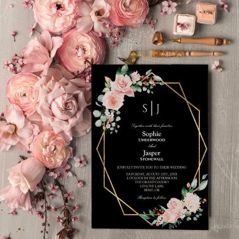 $2.93 | Blush Floral Simple Black Monogram Wedding #modern affordable wedding set, simple monogram wedding suite, boho eucalyptus greenery timeless formal, fancy romantic traditional floral garden, casual vintage fairytale watercolor leaf, luxury hydrangea chic calligraphy script, gold geometric spring summer hb703, black white rose blush dark, classic printed marriage, elegant printable wedding set Simple Wedding Invitation Design, Rose Wedding Theme, Blush Pink Roses, Blush Pink Wedding Dress, Black And White Wedding Invitations, Monogram Wedding Invitations, Elegant Calligraphy, Pink Wedding Dresses, Gold Frames