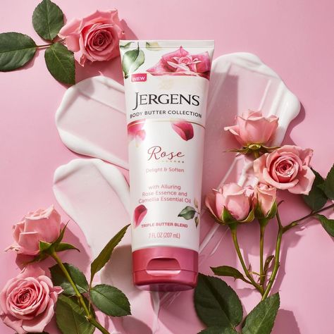 Jergens US on Instagram: “Romanticize your skincare routine with the alluring scent of Rose Body Butter 🌹 Infused with rose essence and camellia essential oil, this…” Rose Body Butter, Rose Body Oil, Rose Body Lotion, Rose Body, Cosmetic Design, Body Butters, Cocoa Seeds, Sweet Escape, Rose Scented Products