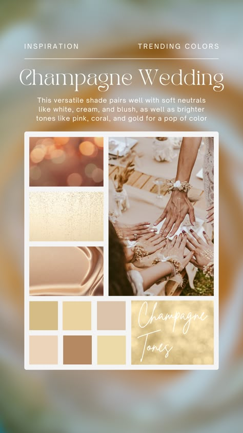 Champagne Wedding Colors Scheme, Champagne Wedding Themes, Champagne Color Palette, Champagne Gold Wedding, Trending In 2023, Elegant Wedding Colors, Wedding Color Schemes Blue, Beach Color Palettes, Champagne Wedding Colors