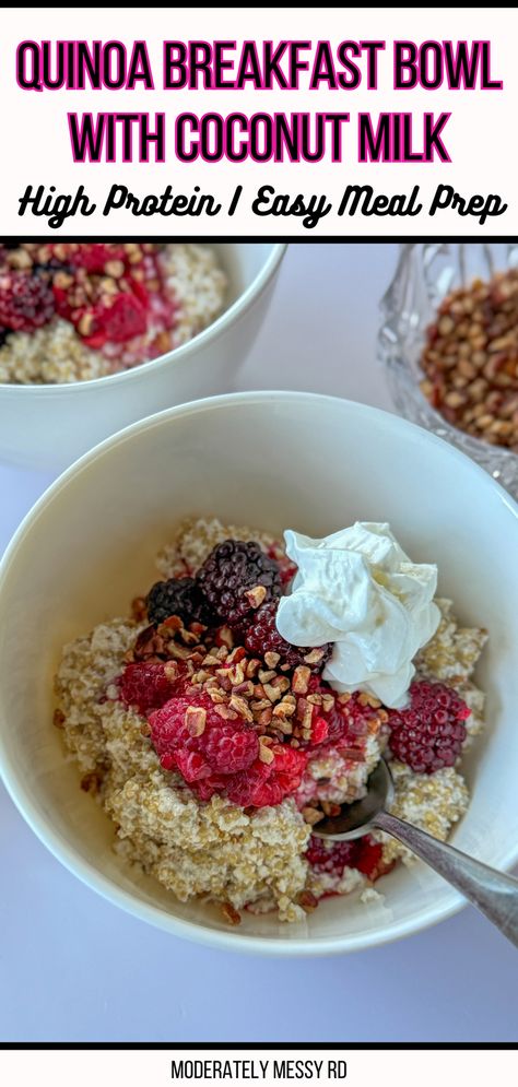 Tired of the same old bowl of oatmeal? Try this high protein creamy quinoa breakfast bowl made with coconut milk! It's vegan, gluten-free, and provides 21g protein per serving. Easy to meal prep with so much versatility and endless customizations to add variety as well. It's highly nutritious and packed with anti-inflammatory, immune boosting, and heart healthy ingredients. Breakfast never tasted so good! High Protein Quinoa Bowl, Microbiome Recipes, Creamy Quinoa, Exciting Recipes, Bowl Of Oatmeal, Quinoa Breakfast Bowl, Protein Bowls, High Protein Meal Prep, Quinoa Breakfast