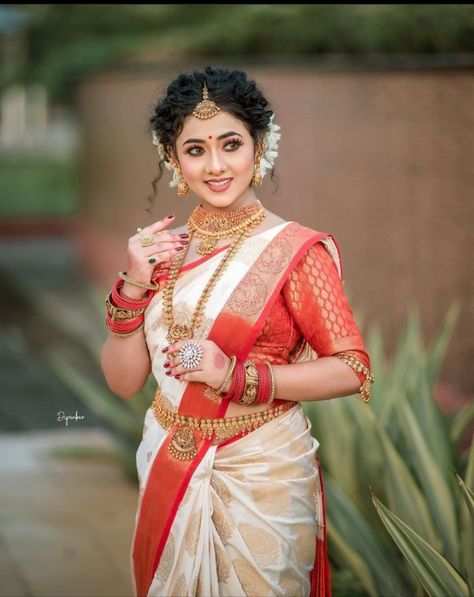 Telugu Bride White Red Saree, Bride Poses In Saree, South Indian Bride Poses, Bride Stills Indian, Bridal Photoshoot Poses Indian, Buddhist Bride, Engagement Looks For Indian Bride, Buddhist Wedding Dress, Kerala Hindu Bride