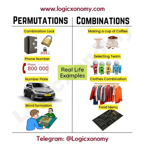 Real life examples of permutation and combination. Difference between Permutation and Combination. Telegram channel: Logicxonomy #logicxonomy #math #exams #facts #tricks #permutation #combination Combinations And Permutations, Combination Math, Finite Math, Permutation And Combination, Elementary Stem Activities, Math Models, Permutations And Combinations, Word Formation, Logical Reasoning