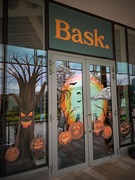 Fall Window Painting, Halloween Mural, Autumn Window Display, Painted Window Art, Window Paint, Fall Windows, Halloween Window Decorations, Window Mural, Halloween Office