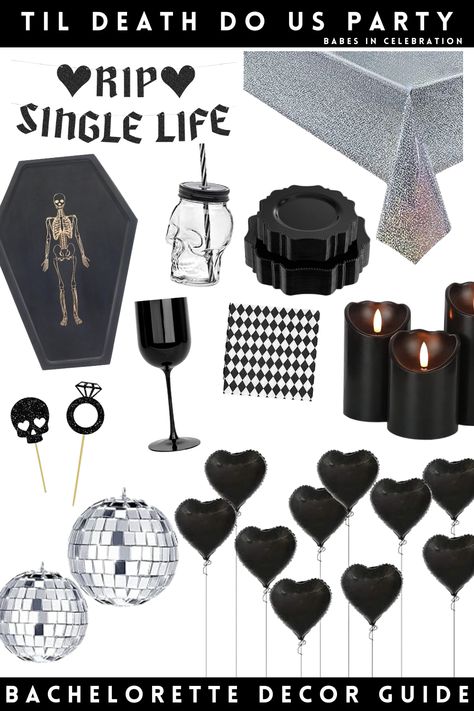 Rip Single Life Bachelorette Theme, Spooky Themed Bachelorette Party, Skeleton Bachelorette Party, Emo Bachelorette Party Ideas, Rip Bachelorette Party Theme, Gothic Bachelorette Party Ideas, Grunge Bachelorette Party, Black Bachelorette Theme, Goth Bachelorette Party Ideas