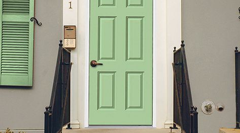 Oh Pistachio Exterior Door Paint Colors, Bold Front Door Colors, Bold Front Door, Painted Exterior Doors, Dutch Doors Exterior, Yellow Front Doors, Best Exterior Paint, Front Door Paint Colors, Door Colors