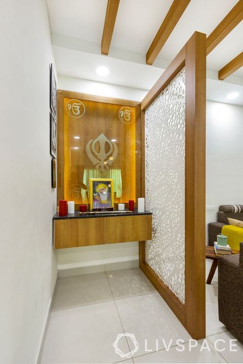 Partition With Mandir Design, Puja Space In Living Room, 2bhk House Plan With Pooja Room, Mandir Partition In Living Room, Entryway Interior Design, Pooja Room Designs, Entryway Interior, Mandir Ideas, Bi Fold Doors