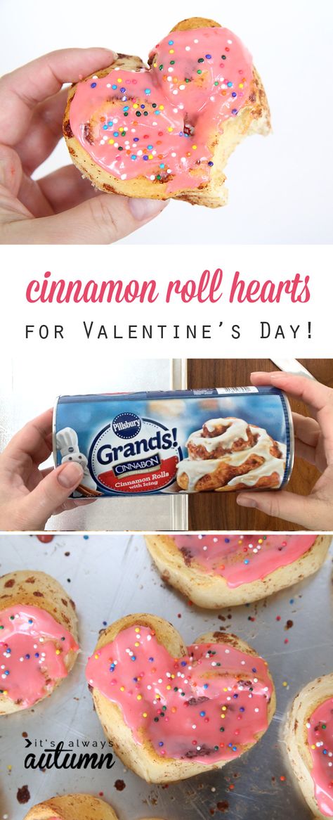 So cute! Heart shaped cinnamon rolls for Valentine's Day or any other special breakfast! Fast and easy recipe. Shaped Cinnamon Rolls, Heart Shaped Cinnamon Rolls, Valentines Recipes Desserts, Valentines Breakfast, Kids Valentines Day, Special Breakfast, Dinner For Kids, Valentine Desserts, Kids Valentines