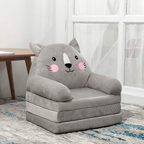 HIGOGOGO Cartoon Foldable Kids Sofa, Plush Cat Shape Children Couch Backrest Armchair Bed with Pocket, Upholstered 2 in 1 Flip Open Couch Seat for Infant Toddler Baby Boys Girls, Grey Couch Seats, Kids Couch, Armchair Bed, Folding Sofa Bed, Folding Sofa, Toddler Chair, Kids Sofa, Baby Seat, Sofa Seats