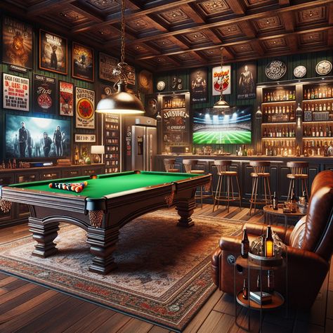 Step into a lavish man cave with leather recliners, a pool table, stocked mini fridge, personal bar, and cozy corners filled with vintage memorabilia. Perfect for gaming, movie nights and chilling. #ManCave #HomeBar #GamingRoom #PoolTable #MovieNights #HomeDecor Pool Hall Ideas, Chill Bar, Small Man Cave, Game Room Ideas, Resto Bar, Huge Tv, Man Cave Design, Male Aesthetic, Man Cave Furniture