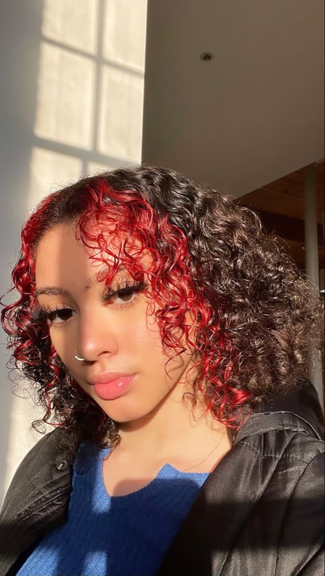 Red Tips Hair Curly, Red Money Piece Curly Hair, Black Curly Hair With Red Streaks, Black And Red Curly Hair, Curly Dyed Hair Natural Curls Red, Short Curly Red Hair, Bright Red Curly Hair, Red Highlights In Brown Hair, Sleek Braided Ponytail