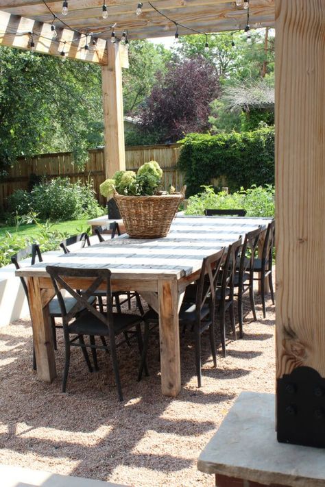 A view of our outdoor wooden dining table and black metal x back chairs. Outdoor Farmhouse Table, Wood Patio Table, Outdoor Amenities, Country Patio, Backyard Dining, Dream Backyard Garden, Roof Gardens, Garden Tables, Farmhouse Patio