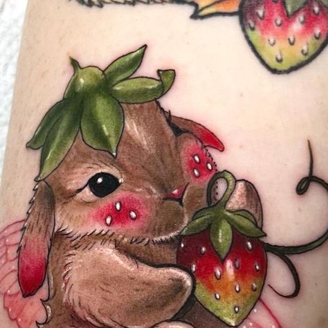 Shelbi | Missouri Tattoo Artist on Instagram: "Strawberry BunFey 
2.5hrs 
.
.
.
.
.
.
#rabbittattoo #rabbit #tattoo #rabbits #rabbitsofinstagram #bunnytattoo #bunny #rabbitlife #rabbithole #rabbitsworldwide #rabbitoftheday #rabbitlovers #rabbitofig #rabbitears #tattoos #rabbitsoftheworld #bunnylove #rabbitsofig #ink #blackwork #tattooartist #rabbitohs #rabbitstagram #rabbitlove #rabbitaccount #haretattoo #animaltattoo #tattooart #rabbitsunited #tattoodesign" Tattoo Cottagecore, Missouri Tattoo, Native American Mythology, Strawberry Tattoo, Unique Rabbit, Rabbit Tattoo, Strongest Animal, Rabbit Life, Bunny Tattoos