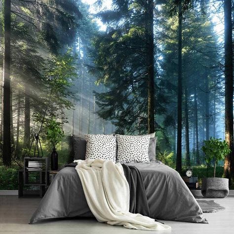 Foggy Green Forest, Green Forest Wallpaper, Foil Wall Decor, Wallpaper Walls Bedroom, Forest Bedroom, Jungle Bedroom, 3d Wallpaper Living Room, Unique Bedroom Design, Forest Mural