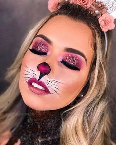 Bunny Makeup Halloween Kids, Pink Cat Makeup Halloween, Bunny Face Paint For Women, Bunny Makeup Kids, Killer Bunny Makeup, Bunny Make Up Halloween, Bugs Bunny Makeup, Cute Bunny Makeup Halloween, Simple Bunny Makeup