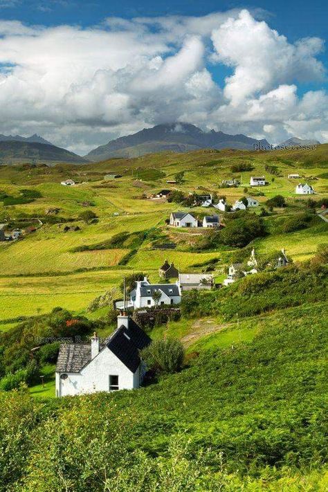 Crofting Fields in late Summer, at Tarskavaig, and a view towards Bla Bheinn of the Black Cuillin. Isle of Skye. Scotland. | ✈ SCOTLAND ✈ Travel Photography & Guides | Isle Of Skye Scotland, Fairy Pools, Skye Scotland, Ireland Landscape, England And Scotland, Isle Of Skye, Scotland Travel, English Countryside, Places Around The World