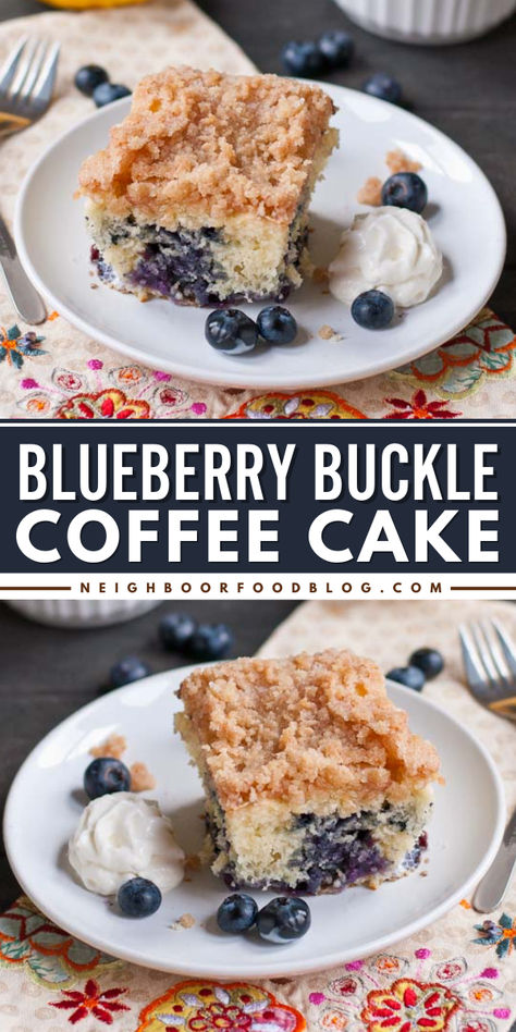 This Blueberry Buckle Coffee Cake is a delicious summer dessert speckled with lemon zest, blueberries, and cinnamon sugar crumble. This coffee cake recipe is a great addition to your Springs treats to make for the family! Blueberry Crumble Cake Recipe, Blueberry Buckle Coffee Cake, Lemon Blueberry Coffee Cake, Easy Blueberry Crumble, Blueberry Crumble Cake, Crumble Cake Recipe, Crumble Cheesecake, Blueberry Buckle, Dessert For Breakfast