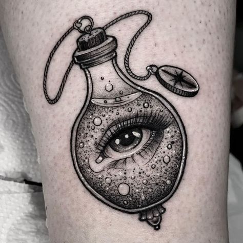 Lovers Eye Tattoo, Crystal Ball Tattoo, Dark Surrealism, Eyeball Tattoo, Evil Eye Tattoo, App Filter, Bottle Tattoo, Bottle Drawing, Airbrush App